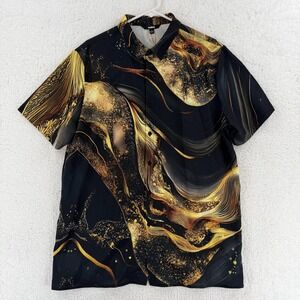 Ouku Shirt Mens Large Black Gold Abstract Graphic Short‎ Sleeve Button Up Casual